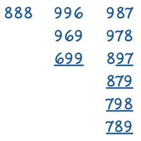 Die Lösung ist sortiert abgebildet: 888, 996, 969, 699, 987, 978, 897,879, 798, 789.