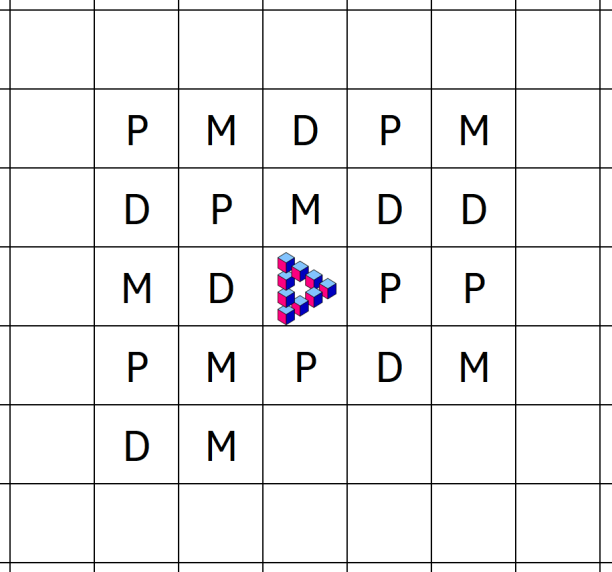 Um das PdM-Logo in der Mitte sind (gegen den Uhrzeigersinn) wiederholen sich die Buchstaben P, D und M. Es sind 21 Buchstaben eingetragen. Es ist noch Platz, um weitere Buchstaben für Aufgabenteil a) einzutragen. 