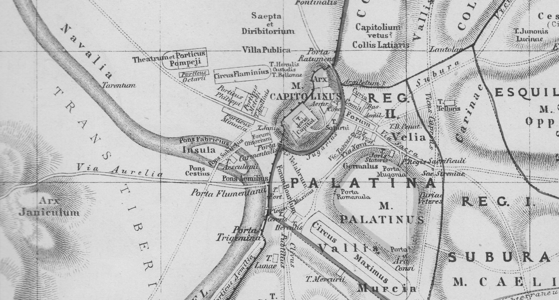 Stadtplan des antiken Roms: Ausschnitt Kapitol, Tiberinsel 1, groß (Atlas antiquus)