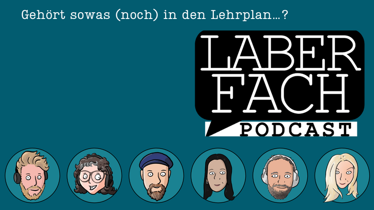 Logo vom Podcast Laberfach mit den Avataren der Stammbesetzung. Von links nach rechts: Stefan, Julia, Paul, Caro, Stefan, Hannah